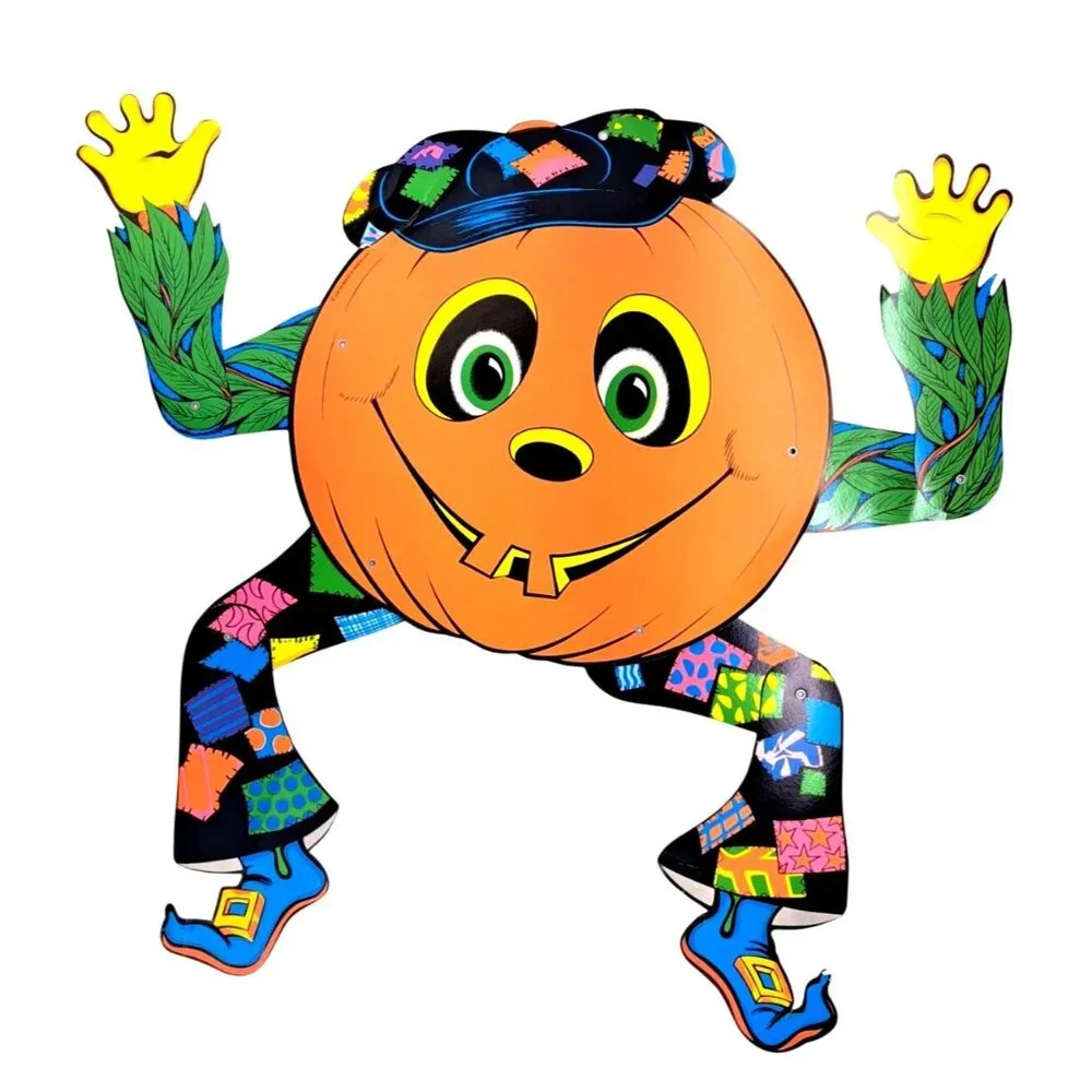 Vintage Beistle Pumpkin Halloween Decoration Hippie Jointed Diecut Glowing 1976